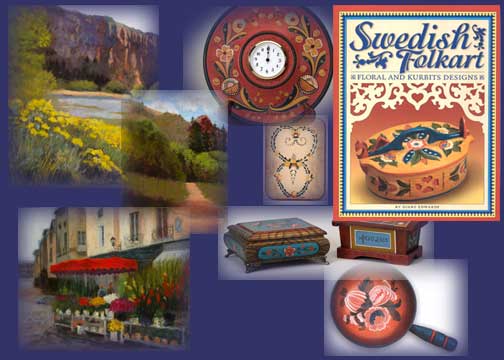 collage of artwork and books of Diane Edwards Nordic Arts